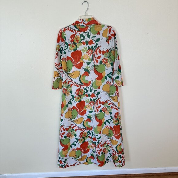 House Dress MuMu Maxi 1970 Pockets Groovy Poly Vintage Floral Print Long Sleeve - Picture 2 of 12